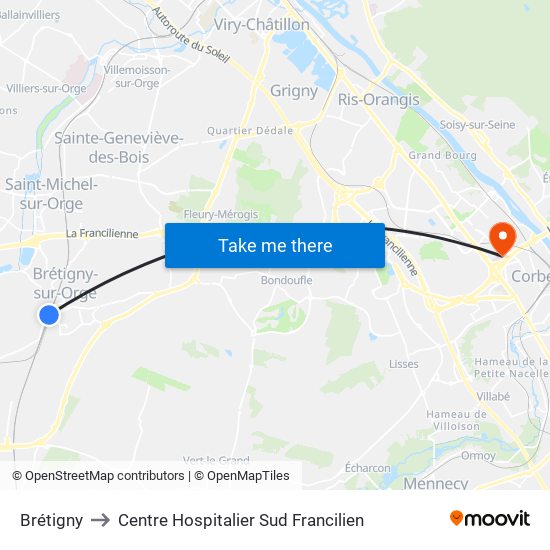 Brétigny to Centre Hospitalier Sud Francilien map