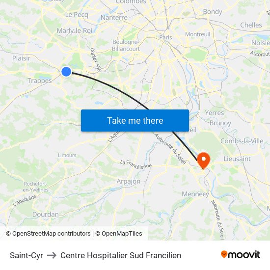 Saint-Cyr to Centre Hospitalier Sud Francilien map