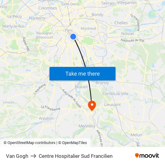Van Gogh to Centre Hospitalier Sud Francilien map