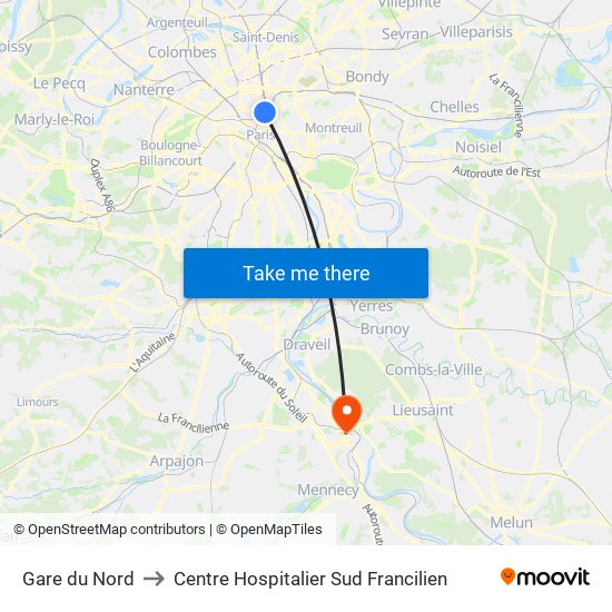 Gare du Nord to Centre Hospitalier Sud Francilien map
