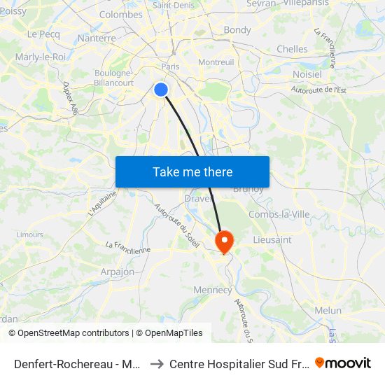 Denfert-Rochereau - Métro-Rer to Centre Hospitalier Sud Francilien map