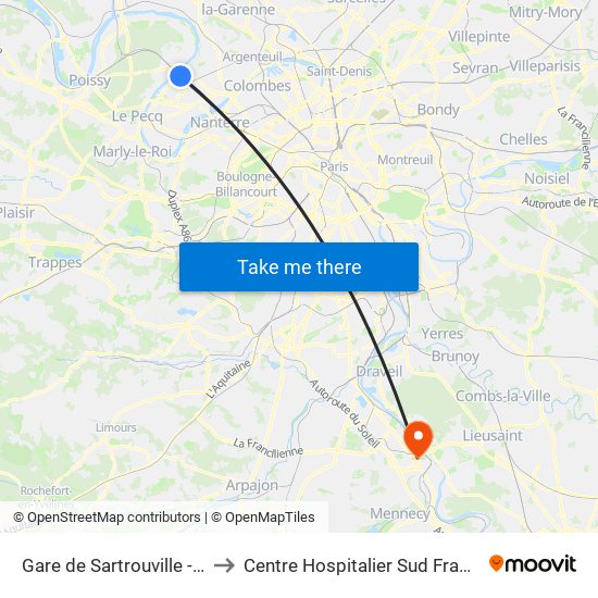 Gare de Sartrouville - RER to Centre Hospitalier Sud Francilien map