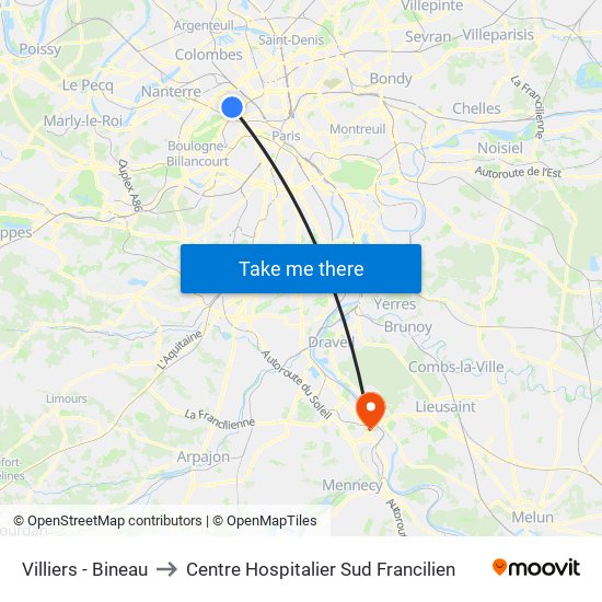 Villiers - Bineau to Centre Hospitalier Sud Francilien map