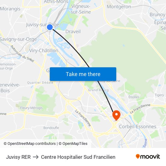 Juvisy RER to Centre Hospitalier Sud Francilien map
