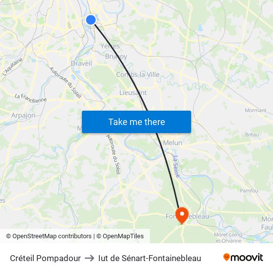 Créteil Pompadour to Iut de Sénart-Fontainebleau map