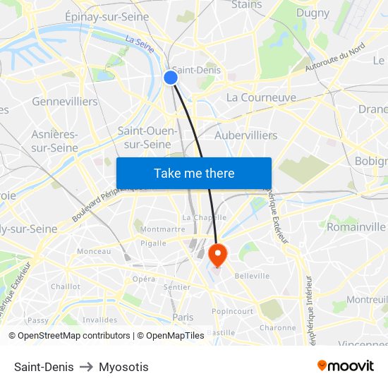 Saint-Denis to Myosotis map