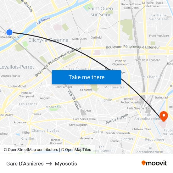 Gare D'Asnieres to Myosotis map