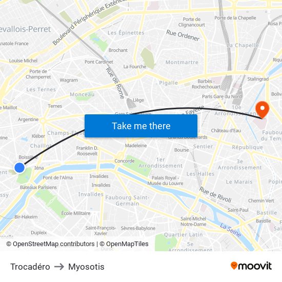 Trocadéro to Myosotis map