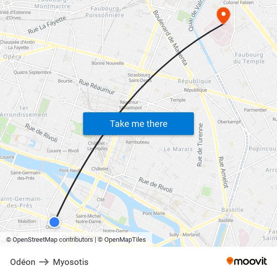 Odéon to Myosotis map