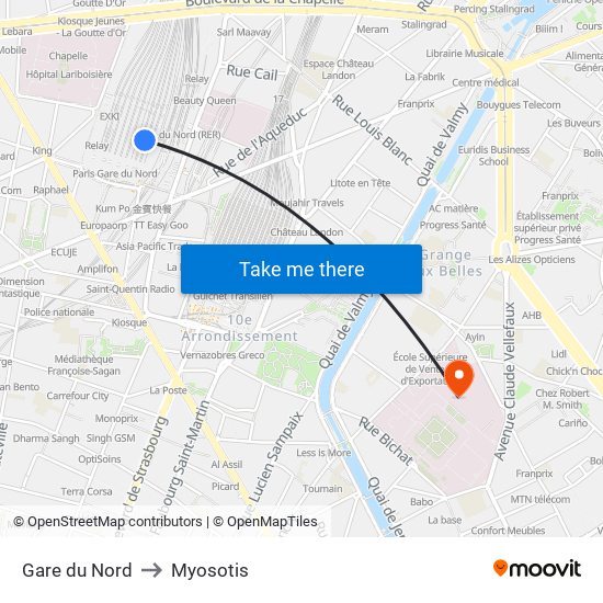Gare du Nord to Myosotis map