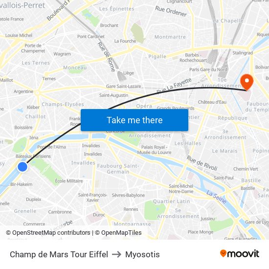 Champ de Mars Tour Eiffel to Myosotis map
