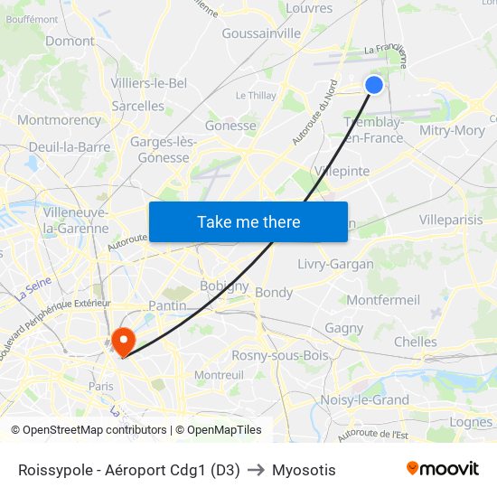 Roissypole - Aéroport Cdg1 (D3) to Myosotis map