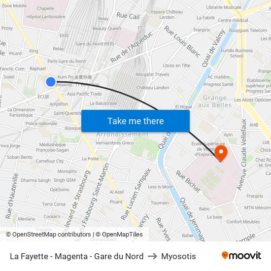 La Fayette - Magenta - Gare du Nord to Myosotis map