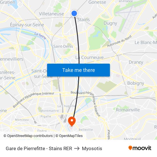 Gare de Pierrefitte - Stains RER to Myosotis map