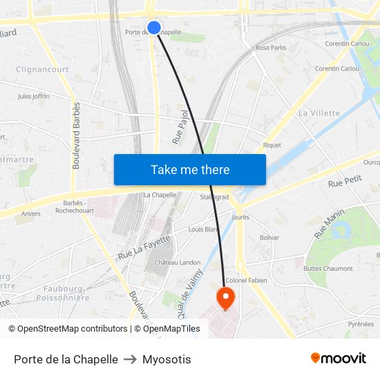 Porte de la Chapelle to Myosotis map