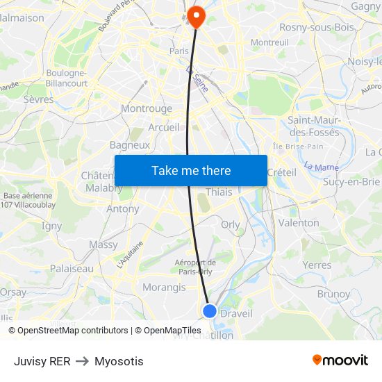 Juvisy RER to Myosotis map