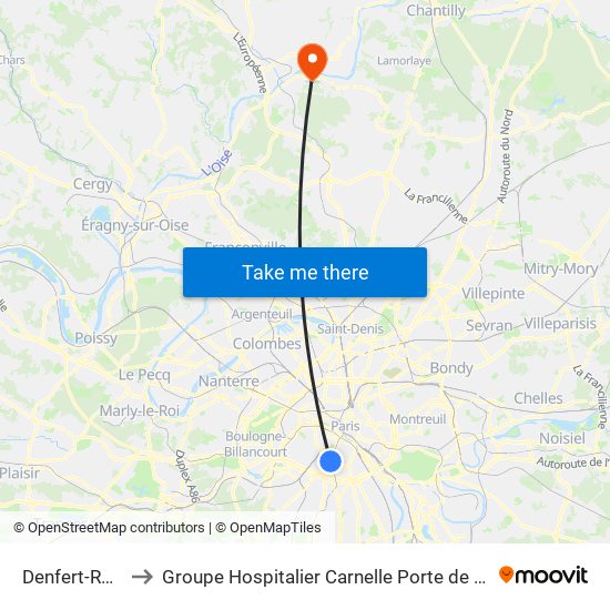 Denfert-Rochereau to Groupe Hospitalier Carnelle Porte de L'Oise - Site Les Oliviers map