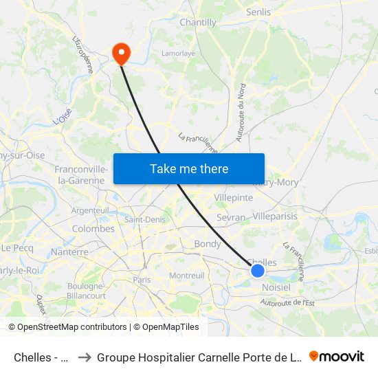 Chelles - Gournay to Groupe Hospitalier Carnelle Porte de L'Oise - Site Les Oliviers map