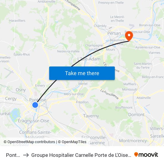 Pontoise to Groupe Hospitalier Carnelle Porte de L'Oise - Site Les Oliviers map