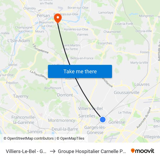 Villiers-Le-Bel - Gonesse - Arnouville to Groupe Hospitalier Carnelle Porte de L'Oise - Site Les Oliviers map