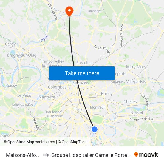 Maisons-Alfort - Alfortville to Groupe Hospitalier Carnelle Porte de L'Oise - Site Les Oliviers map