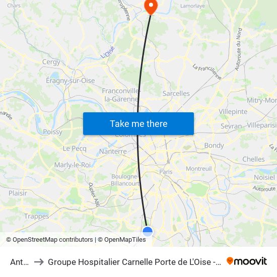 Antony to Groupe Hospitalier Carnelle Porte de L'Oise - Site Les Oliviers map