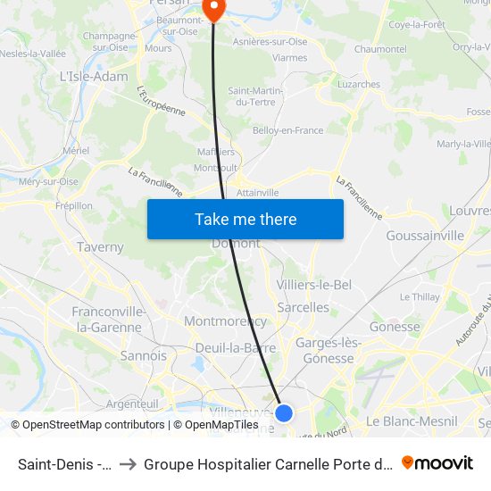 Saint-Denis - Université to Groupe Hospitalier Carnelle Porte de L'Oise - Site Les Oliviers map