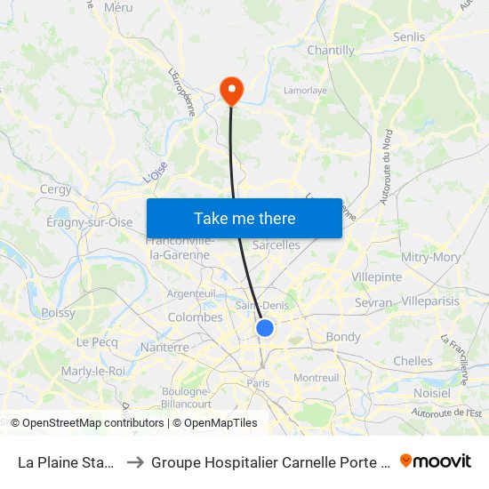 La Plaine Stade de France to Groupe Hospitalier Carnelle Porte de L'Oise - Site Les Oliviers map