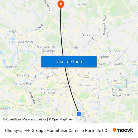 Choisy-Le-Roi to Groupe Hospitalier Carnelle Porte de L'Oise - Site Les Oliviers map