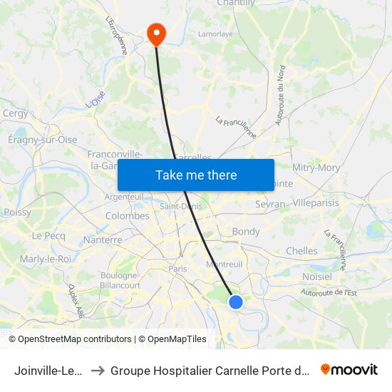 Joinville-Le-Pont RER to Groupe Hospitalier Carnelle Porte de L'Oise - Site Les Oliviers map
