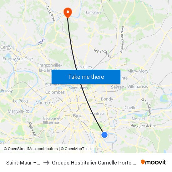 Saint-Maur – Créteil RER to Groupe Hospitalier Carnelle Porte de L'Oise - Site Les Oliviers map