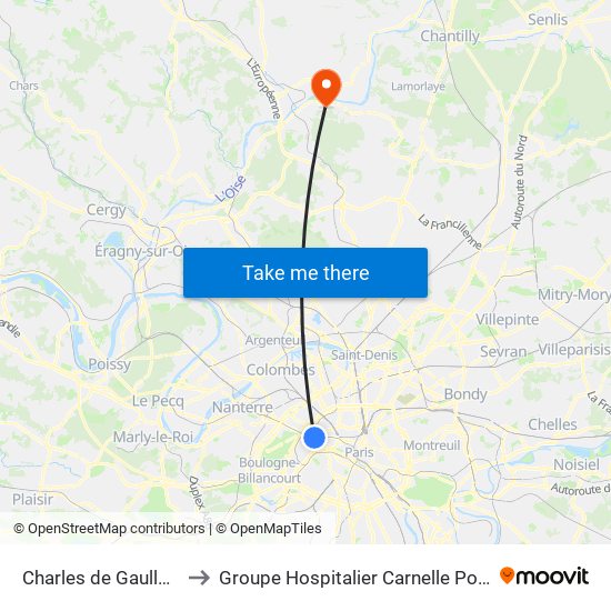 Charles de Gaulle - Étoile - Wagram to Groupe Hospitalier Carnelle Porte de L'Oise - Site Les Oliviers map