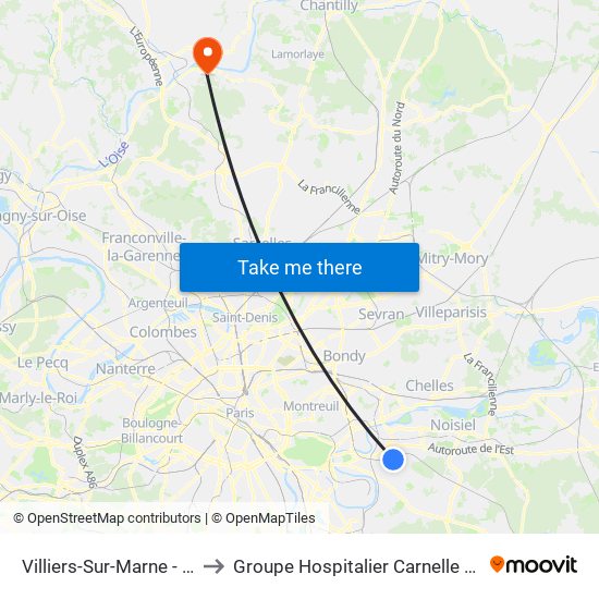 Villiers-Sur-Marne - Le Plessis-Trévise RER to Groupe Hospitalier Carnelle Porte de L'Oise - Site Les Oliviers map