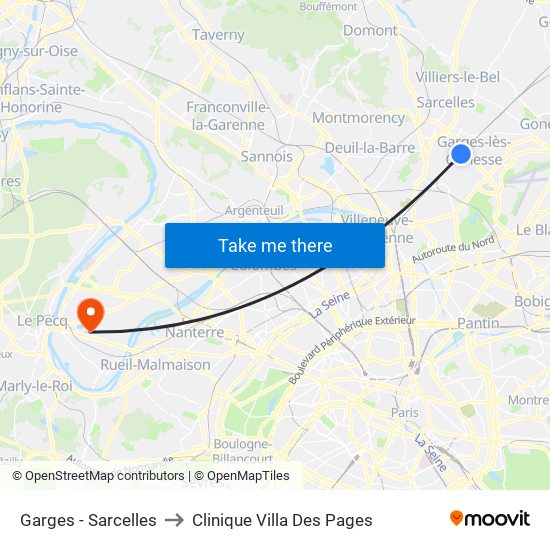 Garges - Sarcelles to Clinique Villa Des Pages map