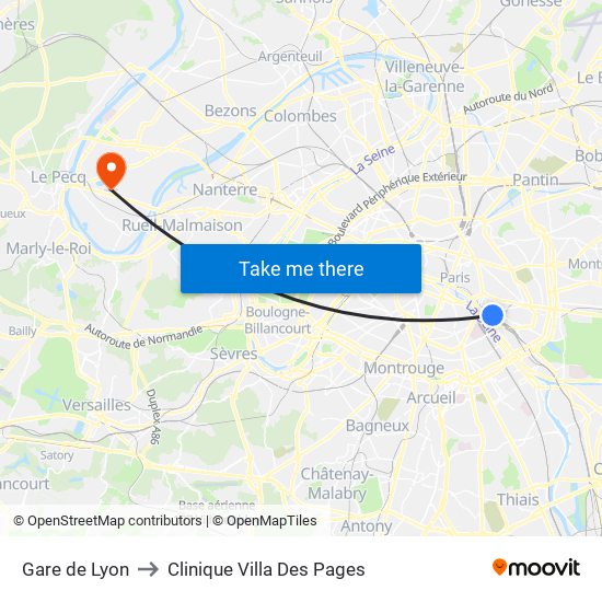 Gare de Lyon to Clinique Villa Des Pages map