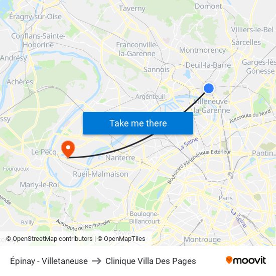 Épinay - Villetaneuse to Clinique Villa Des Pages map