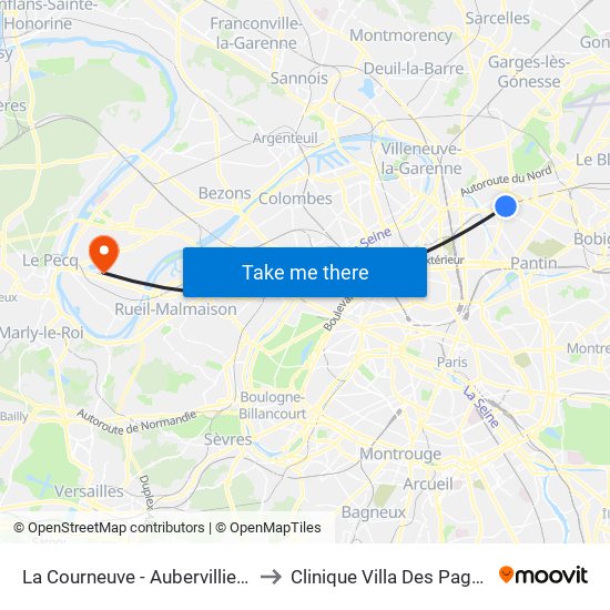 La Courneuve - Aubervilliers to Clinique Villa Des Pages map