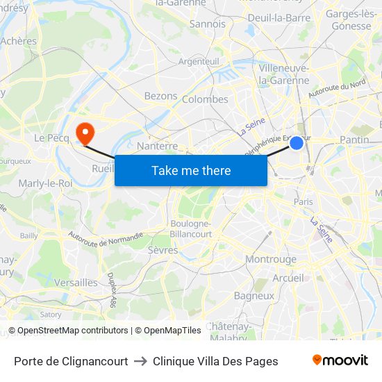 Porte de Clignancourt to Clinique Villa Des Pages map