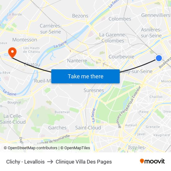 Clichy - Levallois to Clinique Villa Des Pages map