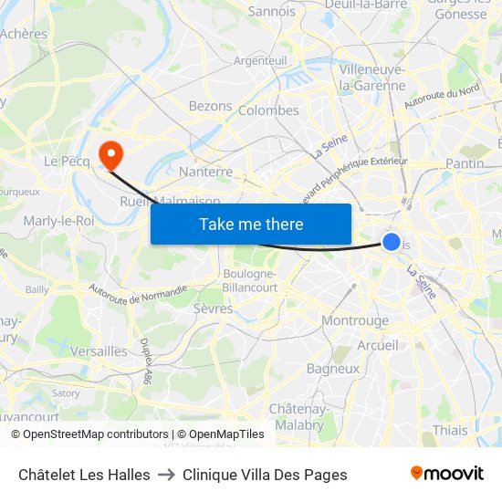 Châtelet Les Halles to Clinique Villa Des Pages map