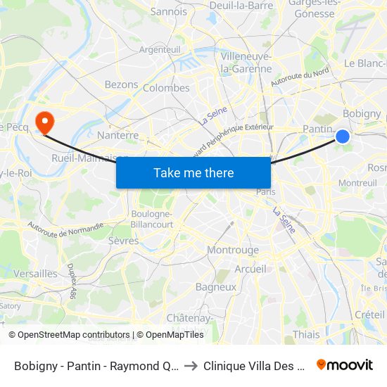 Bobigny - Pantin - Raymond Queneau to Clinique Villa Des Pages map