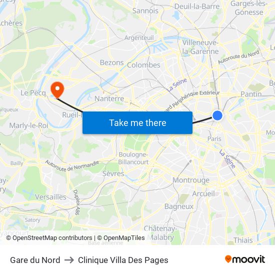 Gare du Nord to Clinique Villa Des Pages map