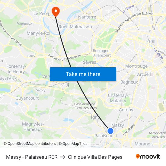 Massy - Palaiseau RER to Clinique Villa Des Pages map