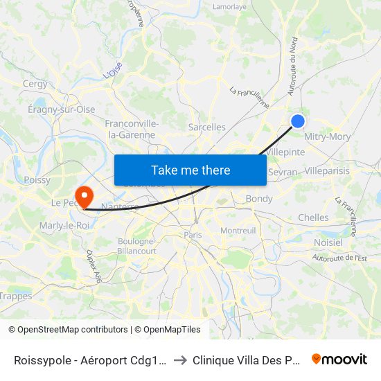 Roissypole - Aéroport Cdg1 (G1) to Clinique Villa Des Pages map