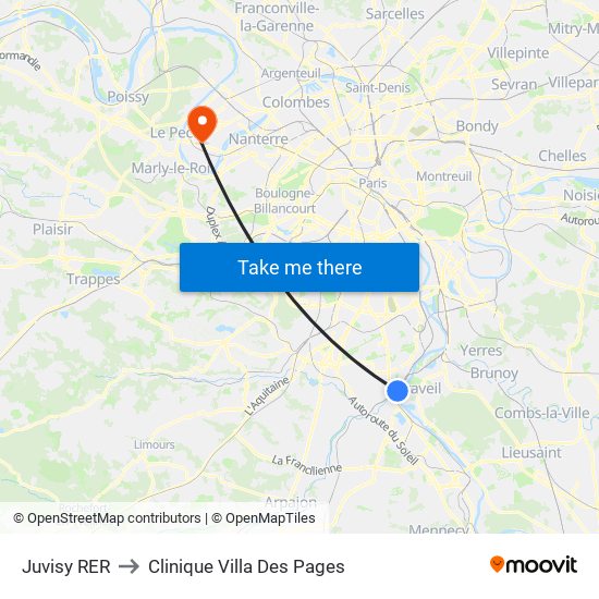 Juvisy RER to Clinique Villa Des Pages map