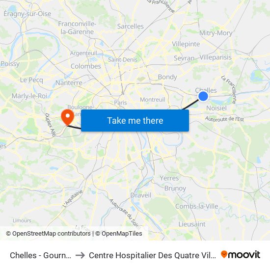 Chelles - Gournay to Centre Hospitalier Des Quatre Villes map