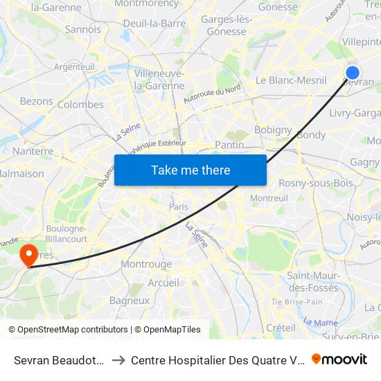 Sevran Beaudottes to Centre Hospitalier Des Quatre Villes map