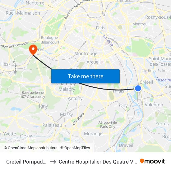 Créteil Pompadour to Centre Hospitalier Des Quatre Villes map
