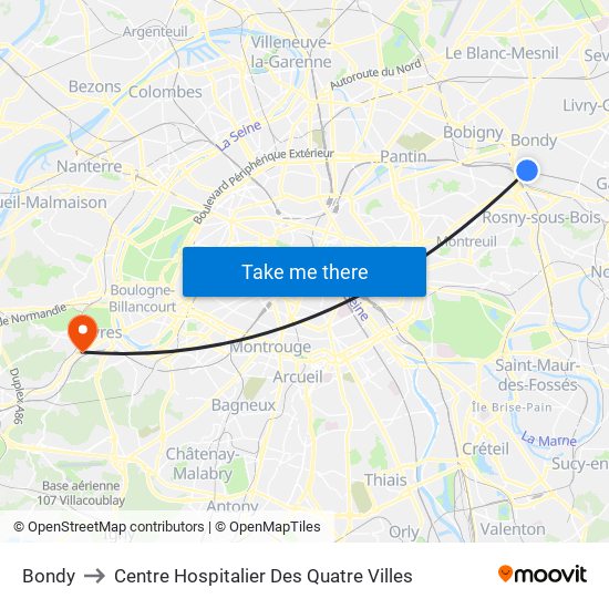 Bondy to Centre Hospitalier Des Quatre Villes map