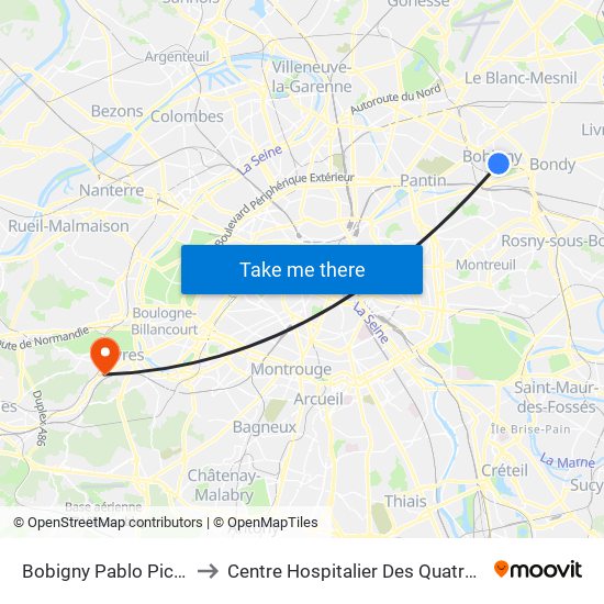 Bobigny Pablo Picasso to Centre Hospitalier Des Quatre Villes map